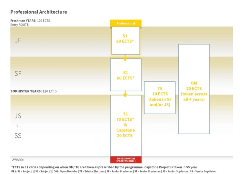 The image shows the structure for a professional entry degree. In the Freshman years, the student will take one main subject pre-dominantly, with amount of ECTS depending on electives as prescribed by the programme. In sophister years, electives may also be taken and a 20 ECTS capstone project is completed in year 4.