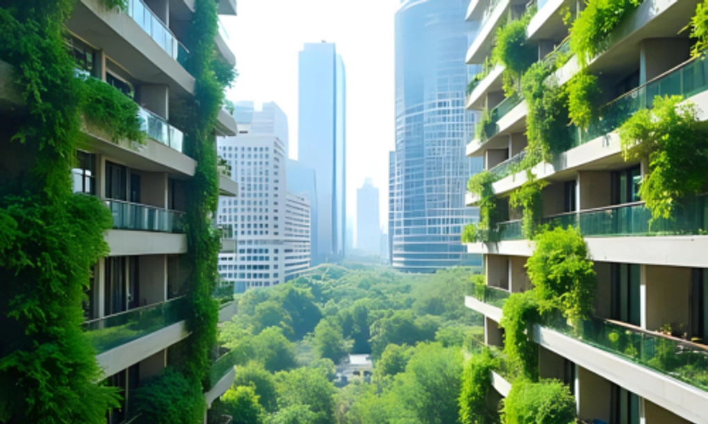 An image of a city with lots of greenery