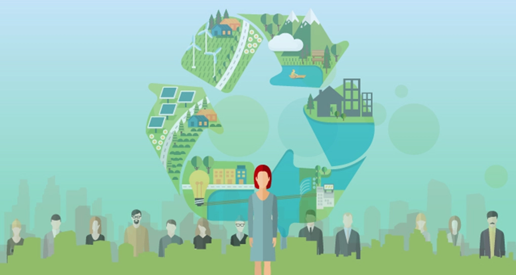 Graphic of people beneath a recycling symbol filled with houses, wind turbine, mountains and solar panels