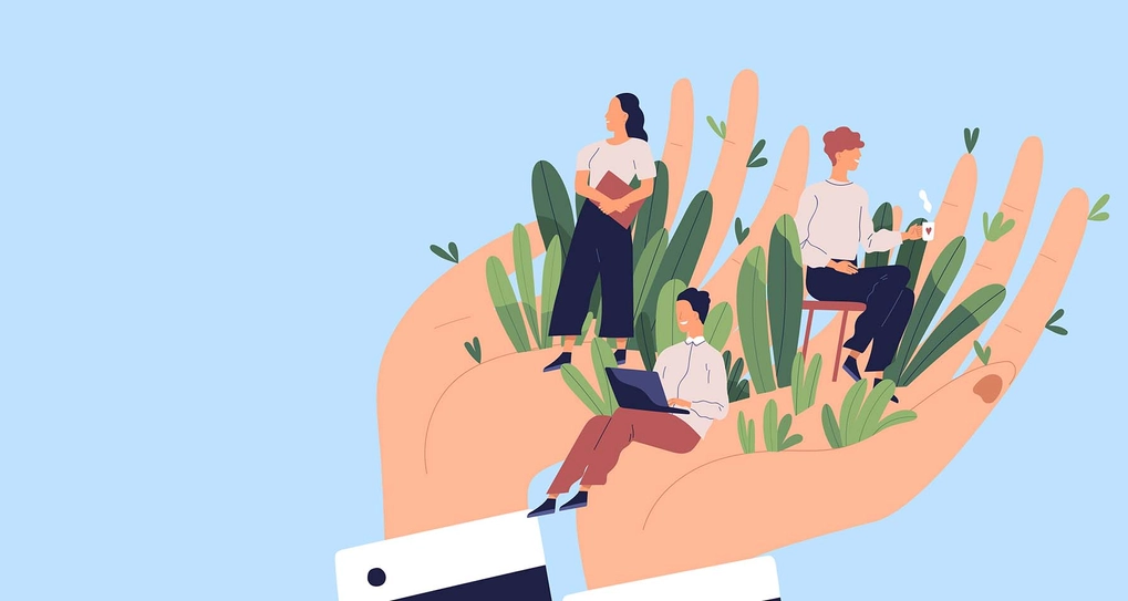 Graphic of people sitting in the palm of a hand with shrubbery
