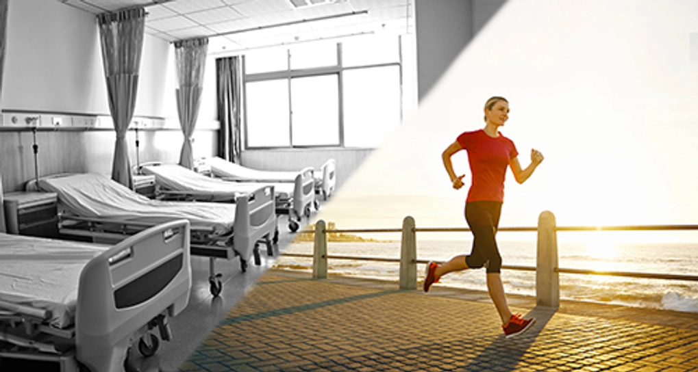 hospital beds and woman jogging