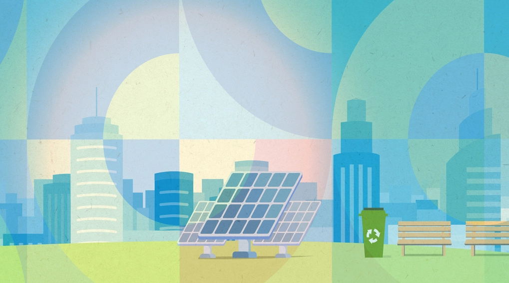Abstract graphic depicting concepts leading the carbon zero future, e.g. solar panels, green cities and urban parks.