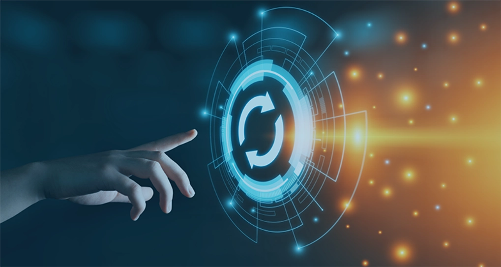 Hand pointing at a graphic with circular arrows