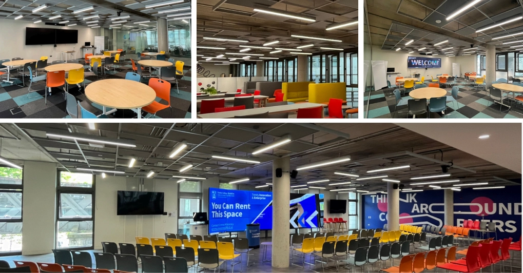 Photos of the innovation workspace and classrooms at Trinity Innovation and Enterprise