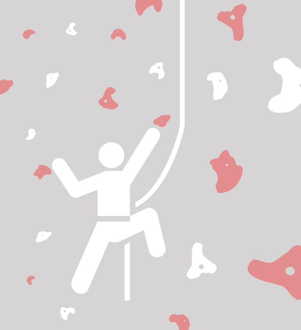 Illustration of person climbing wall in white and purple