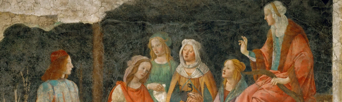 Detail from a Botticelli fresco, A Young Man Being Introduced to the Seven Liberal Arts, showing a group of people seated.