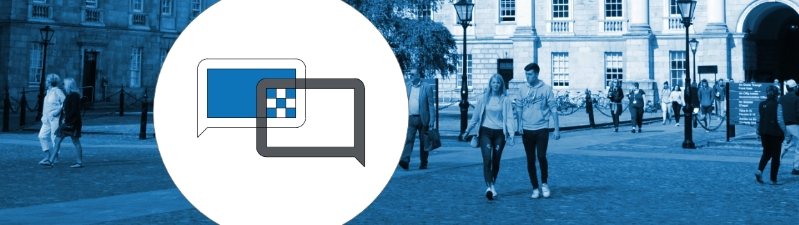 Disability Liaison Officers Logo superimposed on a blue image of students walking through Trinity College Dublin