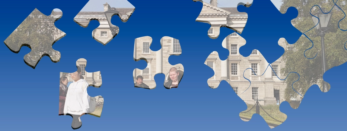 jigsaw pieces with images of Trinity College, on a blue background