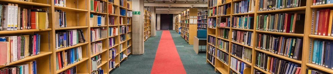 Stacks of bookshelves in the Lecky Library.