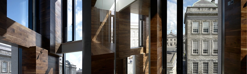 Interior windows of the long room hub and view of building across