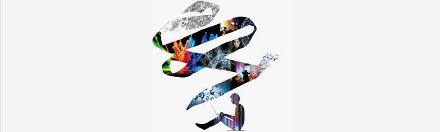 graphic of figure sitting holding a laptop and colourful swirl emitting from it