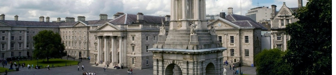 An image of the Front Square of Trinity College Dublin which has a bell tower and a square of old buildings
