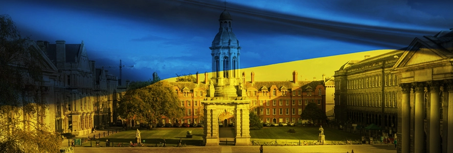 TCD campanile  yellow and blue