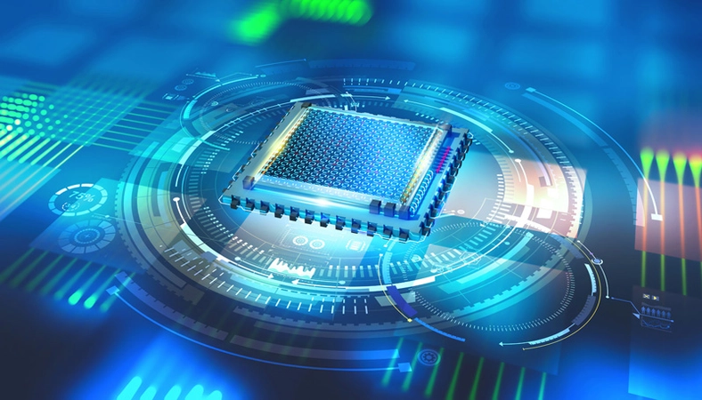 An representational image of a quantum microchip on a motherboard