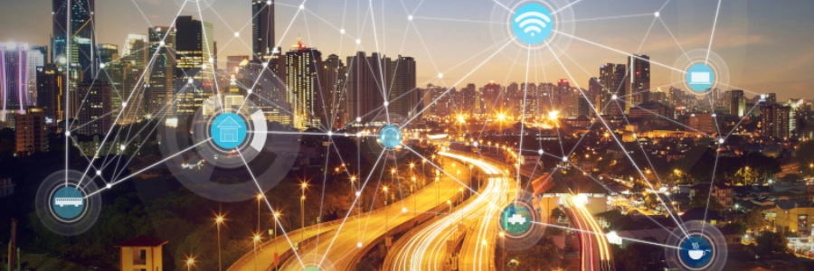 A city showing IoT Internet of Things icons