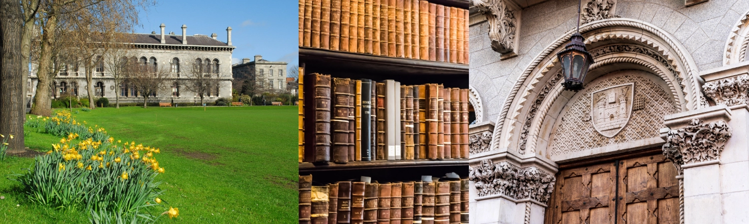 A collage of three images: Daffodils in front of the Museum Building in Trinity College Dublin. Books stacked in the Long Room, Trinity College Dublin. A close up of the door of the Museum Building, Trinity College Dublin