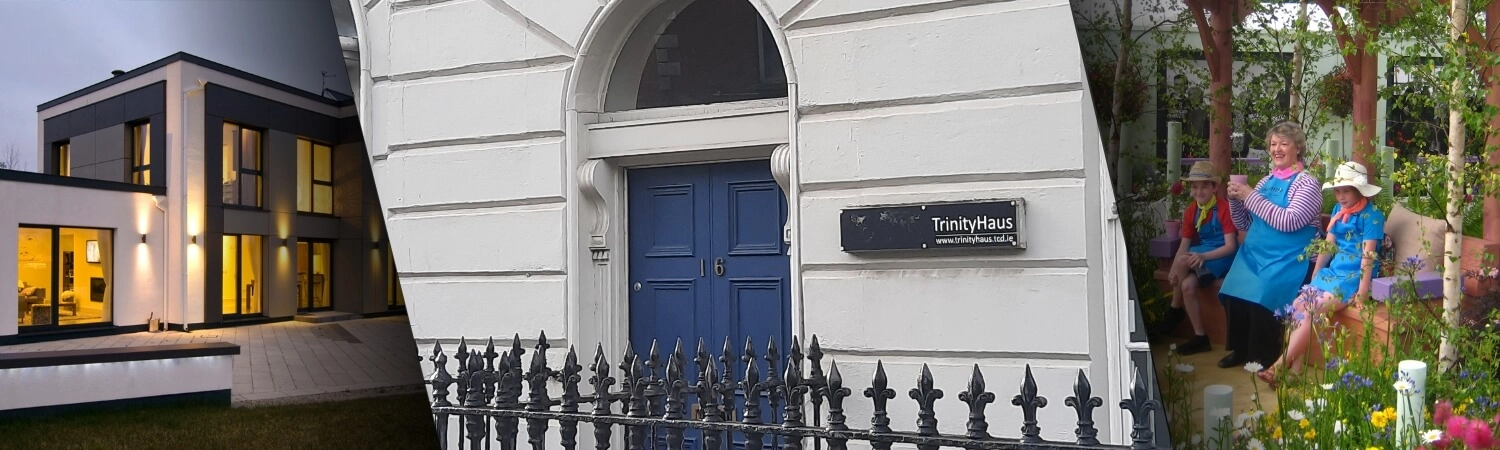 Trinity Haus hall door and 2 images of activities at Trinity Haus