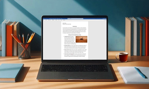 Laptop displaying a text document on a study desk