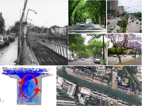 Four small images of urban areas displaying passive control of air pollution