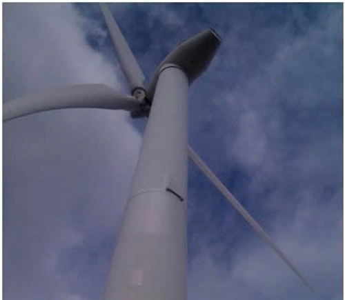 An up close view of a wind turbine
