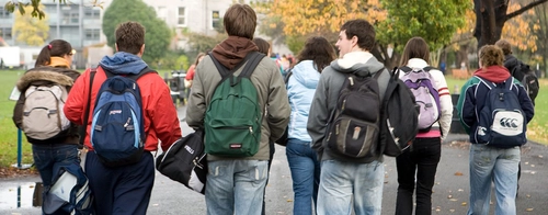 Students on the walkway beside cricket pitch