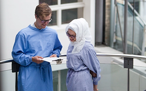 Two dental researchers conversing