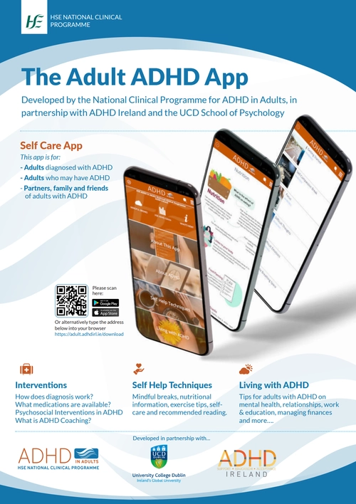 Poster displaying information about The Adult ADHD App, such as: App preview, who it's for, features, download link and QR code, and partnerships