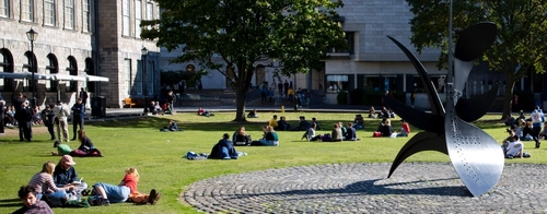 Students sitting on the grass at Fellows Square Trinity College Dublin