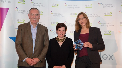 One man and two women posing for image infront of GLEN - Gay and Lesbian Equality Network stand