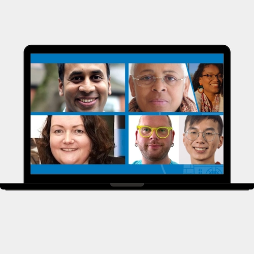 Laptop with photos of those involved in the Trinity-INC Seminars on the screen