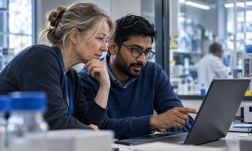 Two people reviewing research documentation