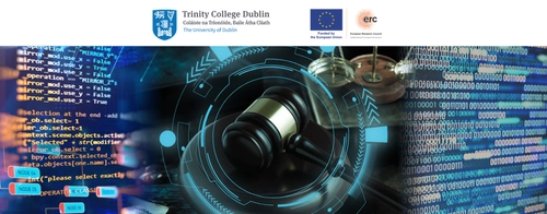 JUDGEASSIST project banner: TOP Trinity College Dublin and ERC Logo, UNDER 3 pictures centred judge hammer between computer code, digital circuitry, and binary data.