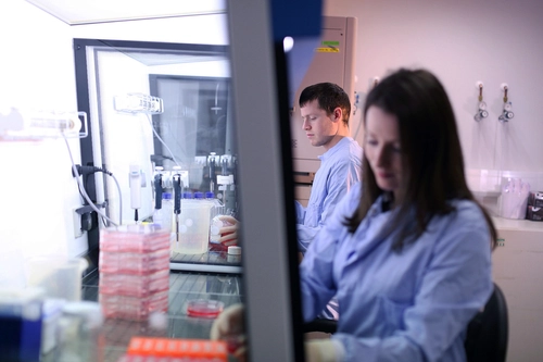Postgraduate students working in laboratory.