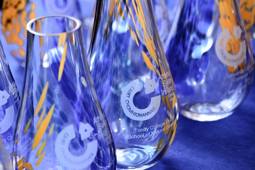 Athena Swan blue glass Trophies close up on table