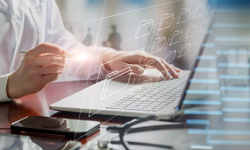 Concept of Centre. Person sitting in front of a laptop
