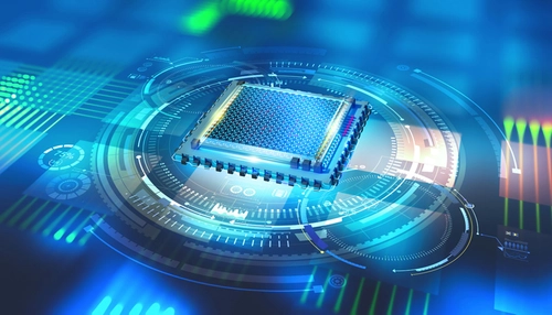 An representational image of a quantum microchip on a motherboard