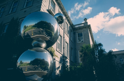 The apples and atoms sculpture at Trinity College Dublin