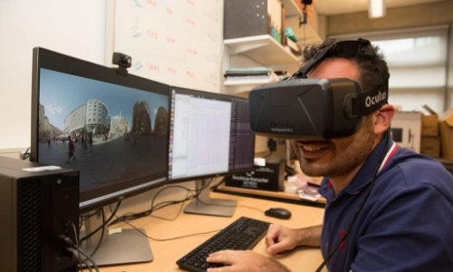 MSc computer science student wearing a VR headset, Trinity College Dublin.
