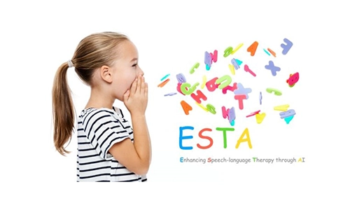 A poster for the ESTA conference. The poster has a picture of a young child covering their mouth with lots of colourful letters in front of the Childs mouth representing a speech bubble