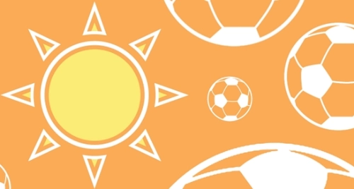Illustration of sunshine and footballs in yellow and orange