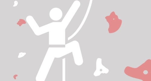 Illustration of person climbing wall in white and purple