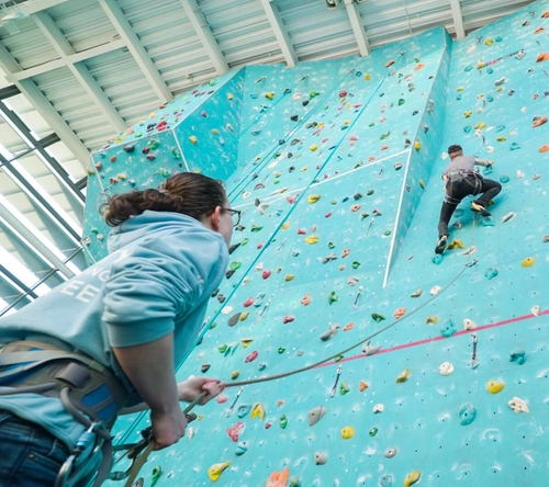 A student climbing the climbing wall at Sport TCD