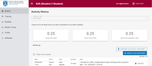 An image of the home page of S2S's volunteer activity log