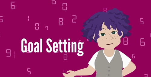 Animated character with purple curly hair and freckles, standing in front of a dark pink background with floating numbers, used as a thumbnail for the “Goal Setting Interactive Resource.”