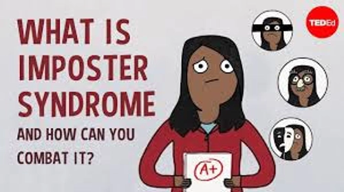 Cartoon of a student holding an A+ paper, looking uncertain. Surrounded by thought bubbles showing various disguises. Text reads “What is Imposter Syndrome and how can you combat it?” Thumbnail for Elizabeth Cox's TED-Ed video on imposter phenomenon.