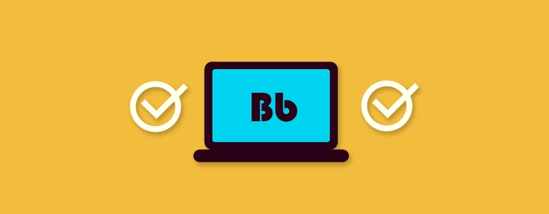 A cartoon graphic of a computer with the initials Bb for Blackboard on it and two ticks either side of it.
