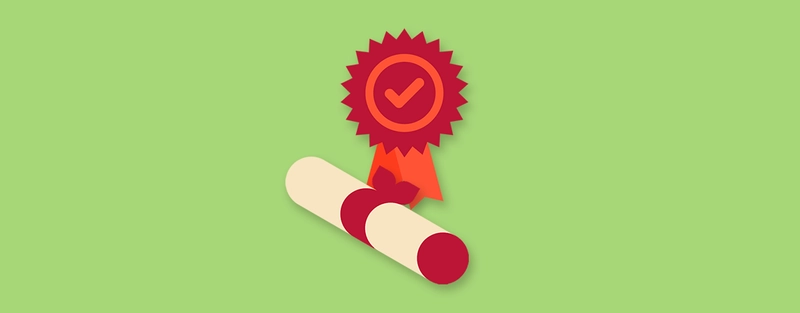 A cartoon graphic of a scroll and an award.
