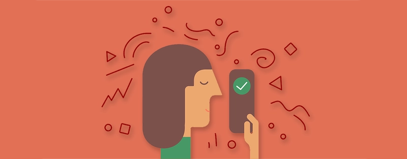 A cartoon graphic of a student reading from a phone with a checkmark on the screen.