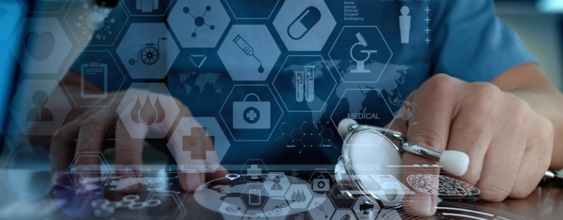 An image of someone holding a stethoscope with different medical items images in hexagons. The image is has a blue colour overlay
