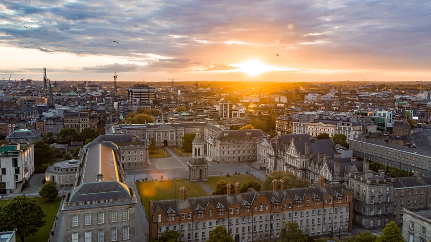 Trinity campus with sun setting